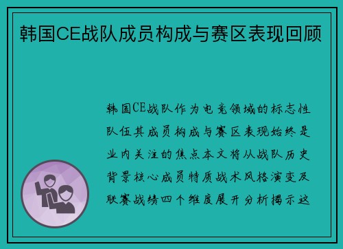 韩国CE战队成员构成与赛区表现回顾