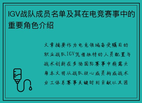 IGV战队成员名单及其在电竞赛事中的重要角色介绍